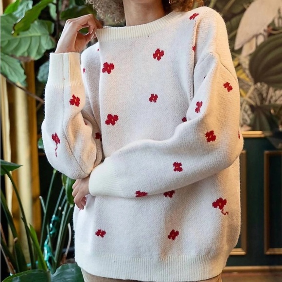 POL Sweaters - POL Cream Sweater with Red Floral Accents